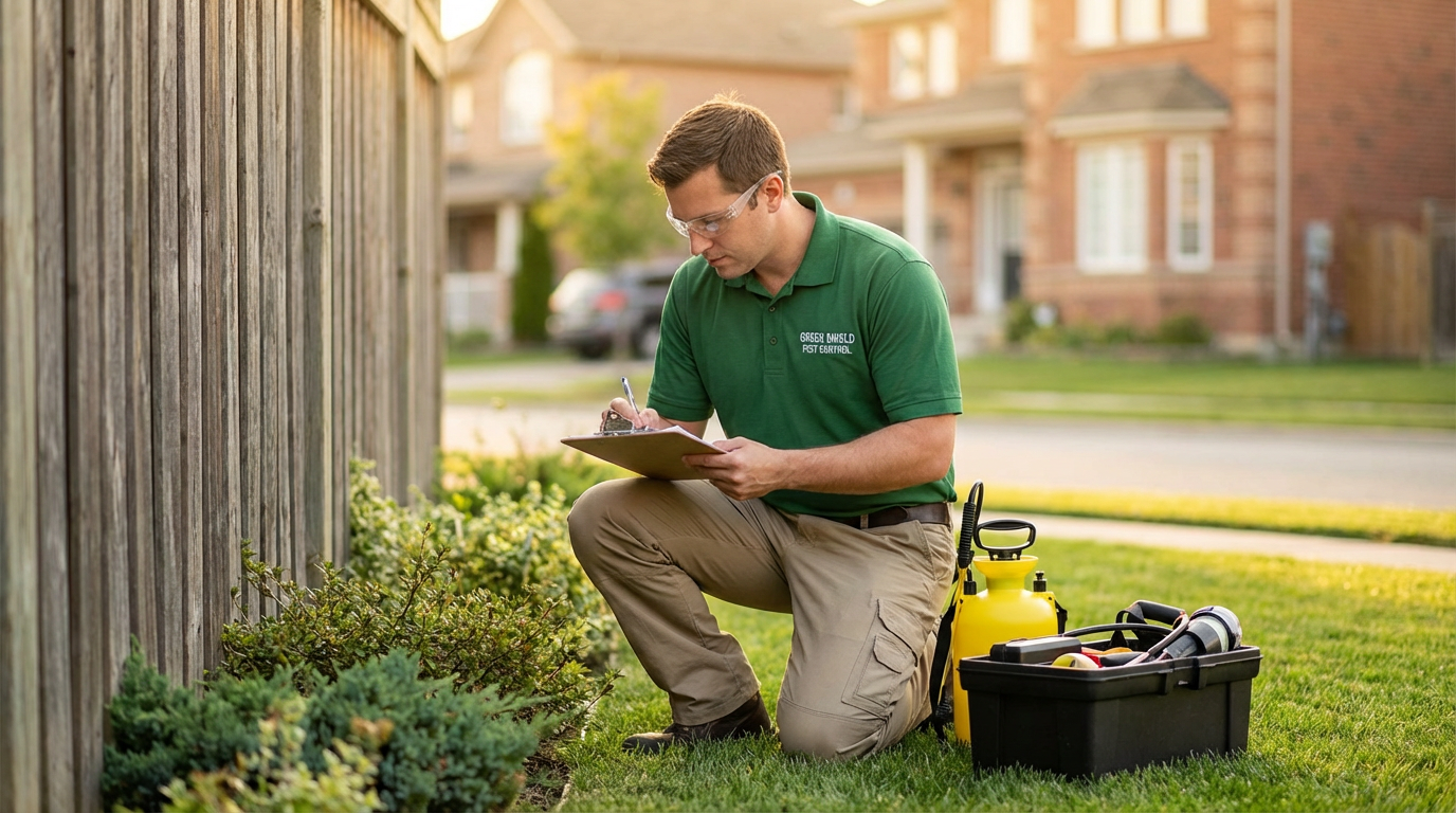 Professional pest control technician inspecting vegetation along a fence line in a suburban yard