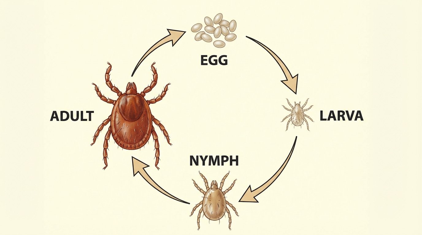 Diagram showing the four chigger lifecycle stages: egg, six-legged larva, eight-legged nymph, and adult mite