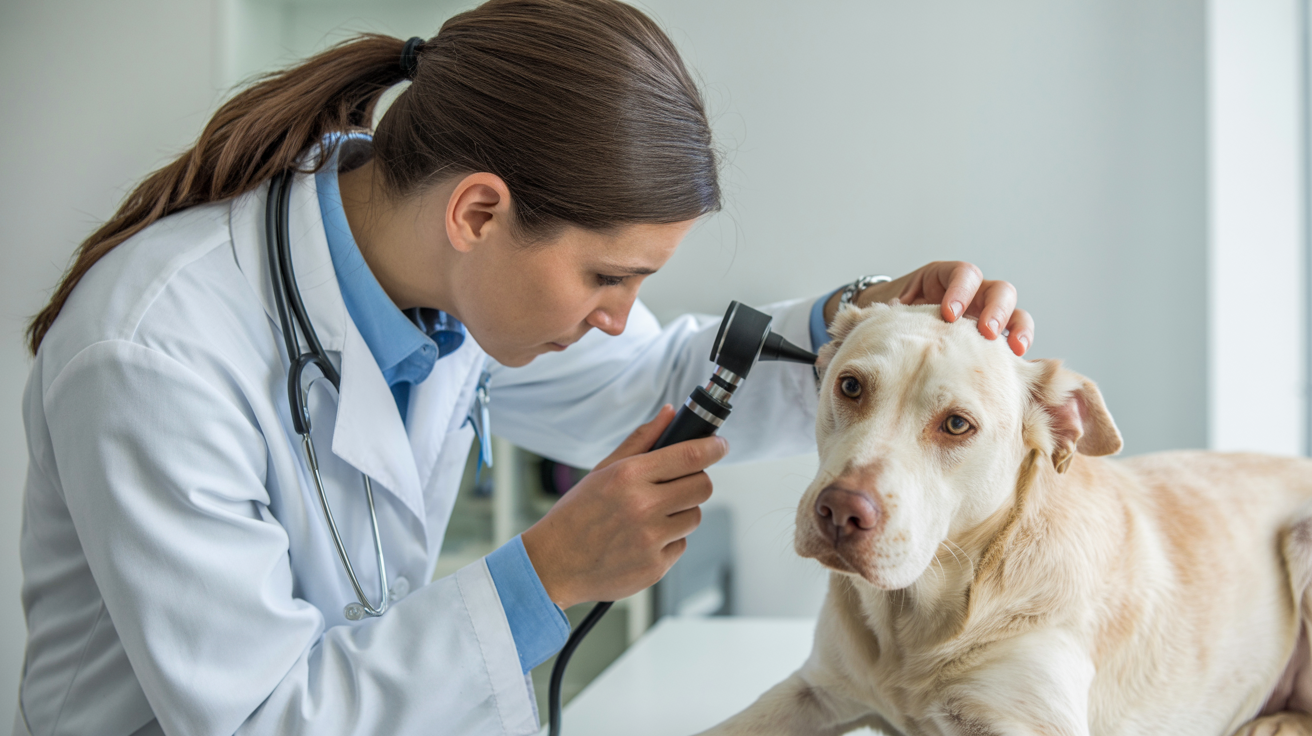 Veterinarian examining a dog's ear for signs of chigger bites in a modern clinic