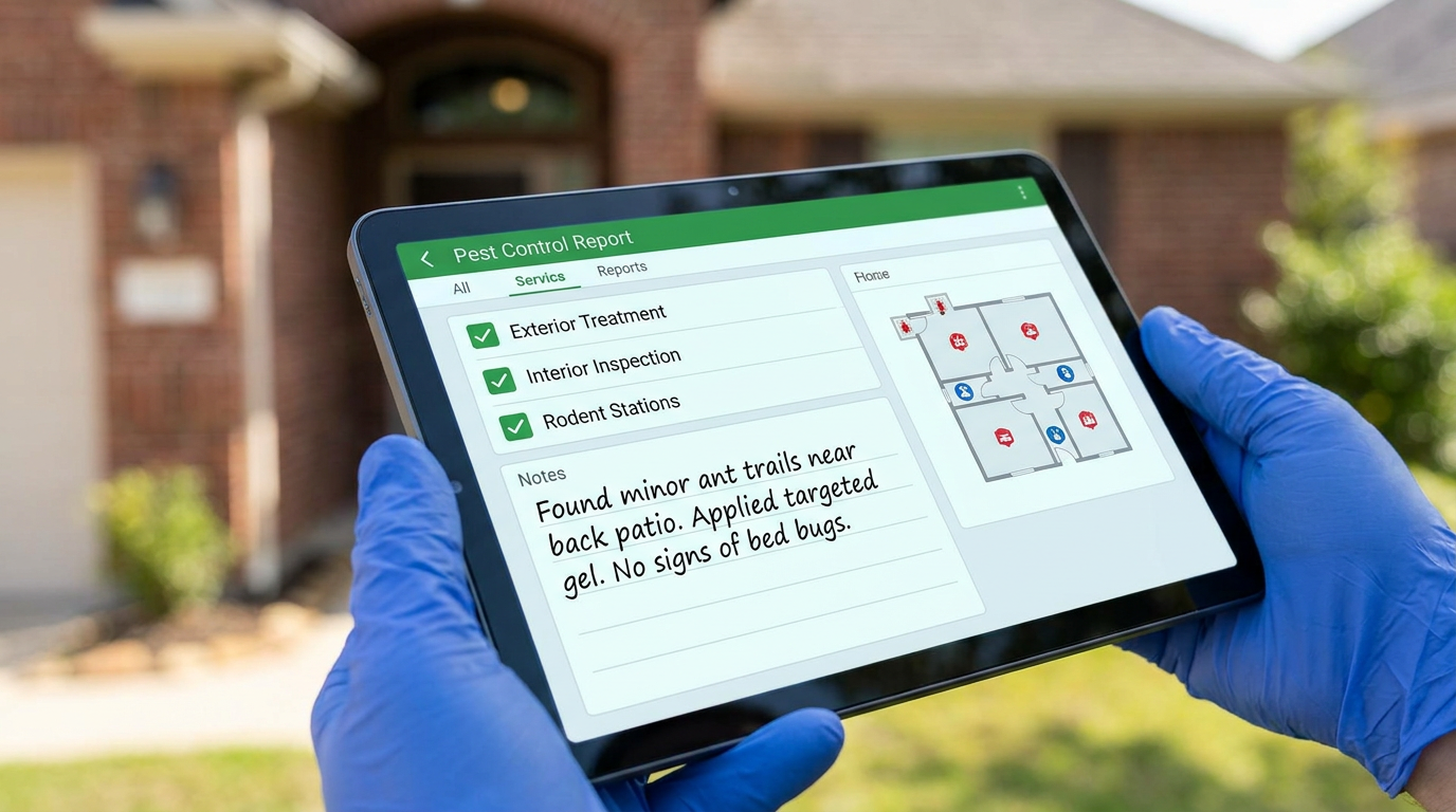Professional pest control service report on tablet screen showing inspection checkmarks and property notes