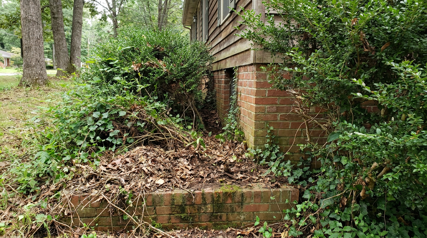 Overgrown vegetation and leaf debris piled against a home brick foundation creating pest pathways