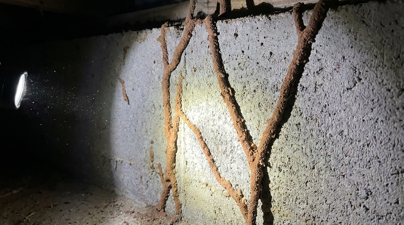 Termite mud tubes running vertically up a concrete foundation wall illuminated by flashlight