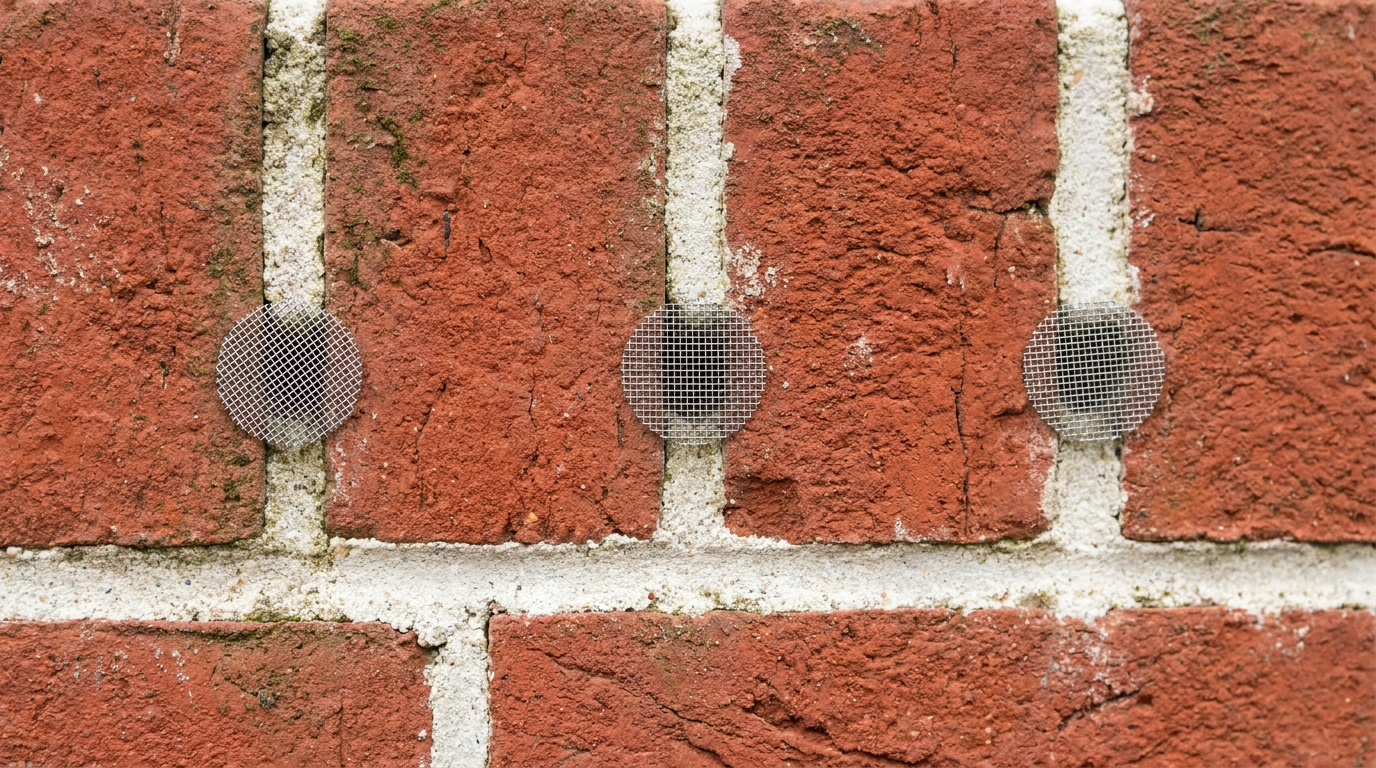 Weep hole screens professionally installed on a brick wall exterior