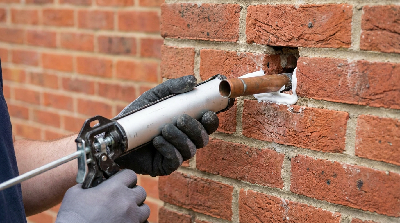 Homeowner sealing a gap around a pipe penetration on a brick exterior wall with a caulk gun