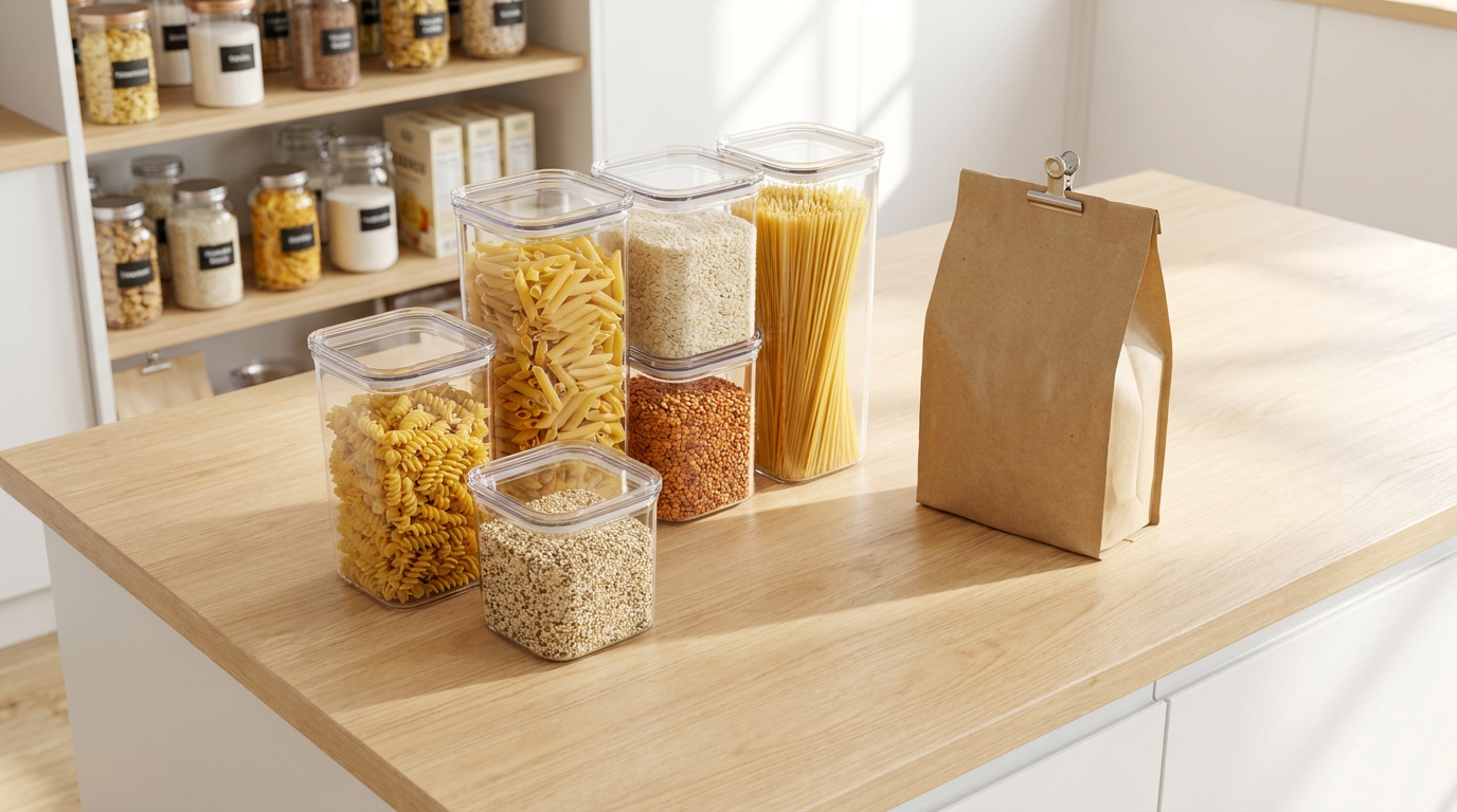 Clean kitchen counter with airtight food storage containers and organized pantry shelf