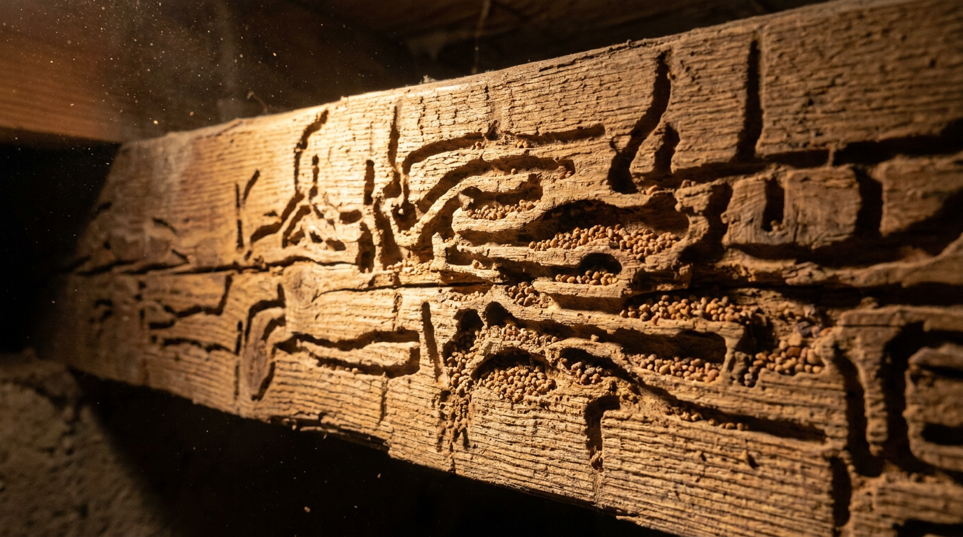 Macro close-up of termite damage showing galleries and channels carved through a wooden beam
