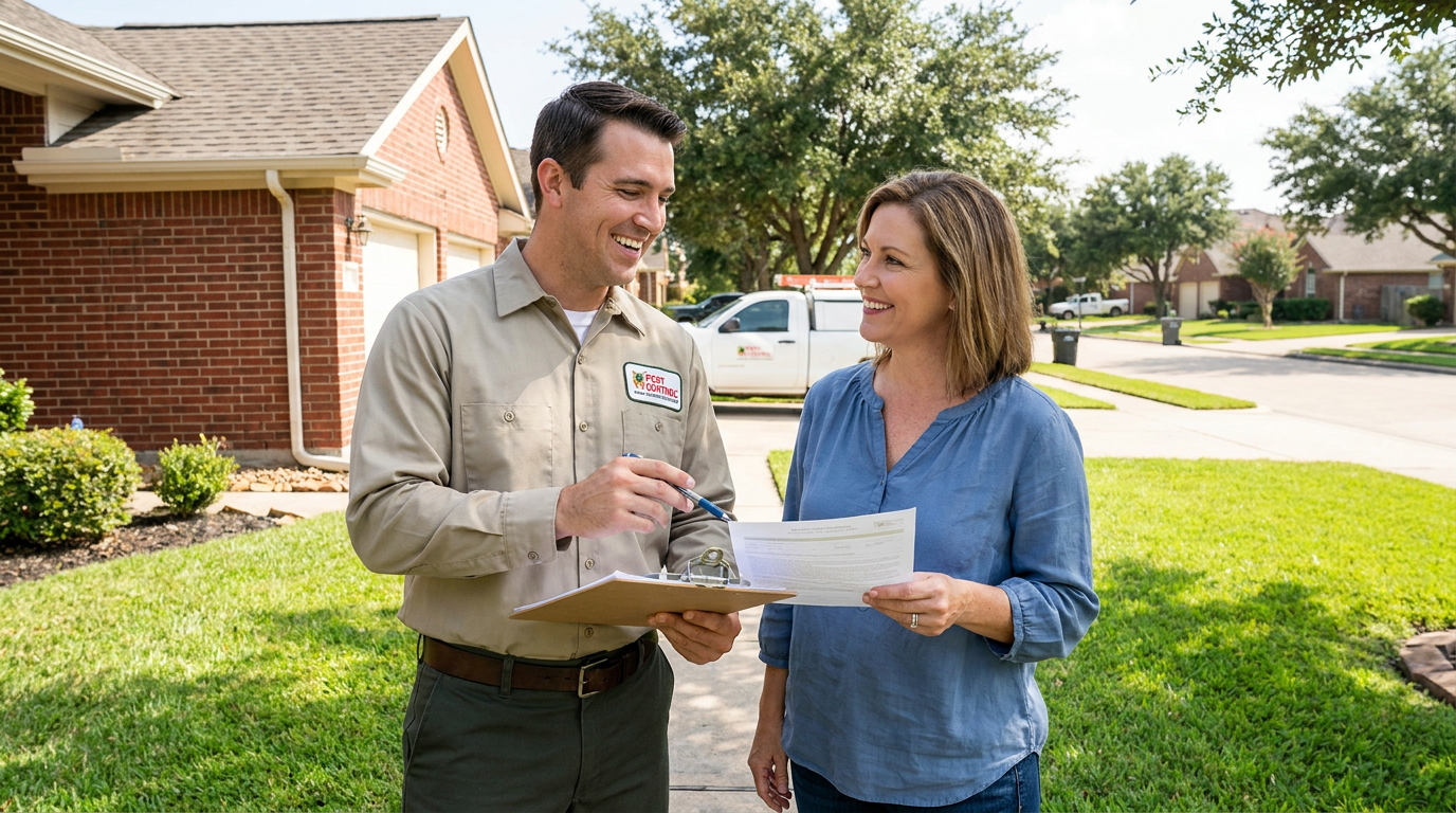 Pest control technician and homeowner reviewing service report on clipboard outside a home
