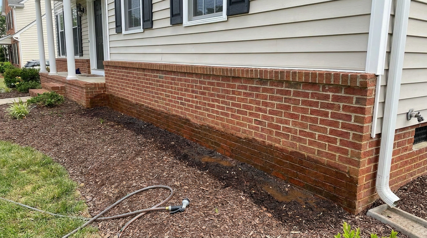 Fresh perimeter pest control treatment band visible along a brick home foundation