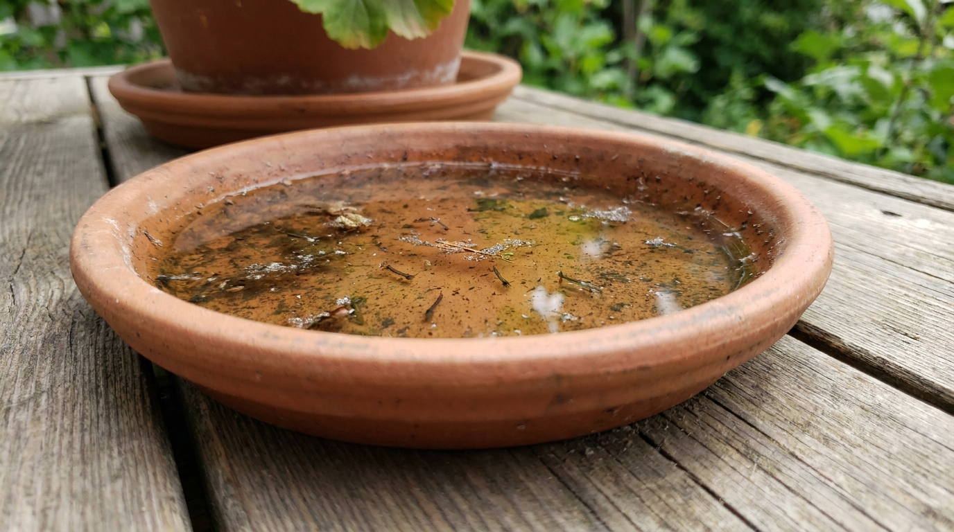 Close-up of standing water in a flower pot saucer with mosquito larvae visible