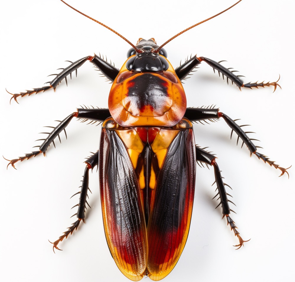 Close-up of a detailed, colorful cockroach on white background.
