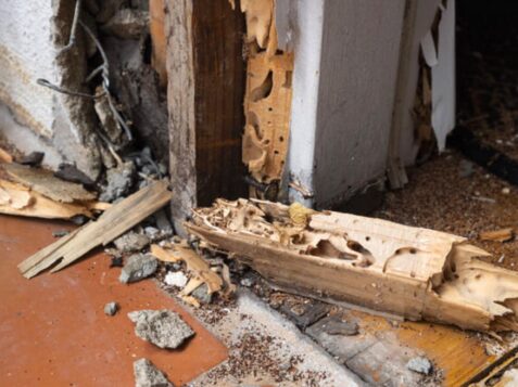 Damaged wood and debris from termite infestation.