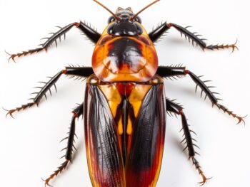 Close-up of a detailed, colorful cockroach on white background.