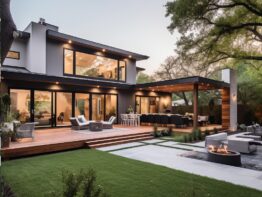 Modern house exterior with deck and outdoor fireplace. Pest Free.