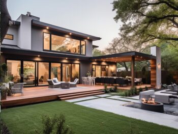 Modern house exterior with deck and outdoor fireplace. Pest Free.