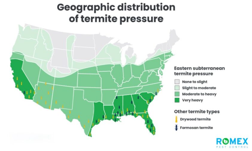 U.S. map showing termite pressure distribution by type.