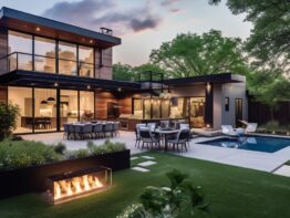 Modern Austin house exterior at dusk with pool and firepit. Ready for a family to enjoy a pest Ff free BBQ.