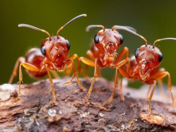 Three ants on wood, macro photography.