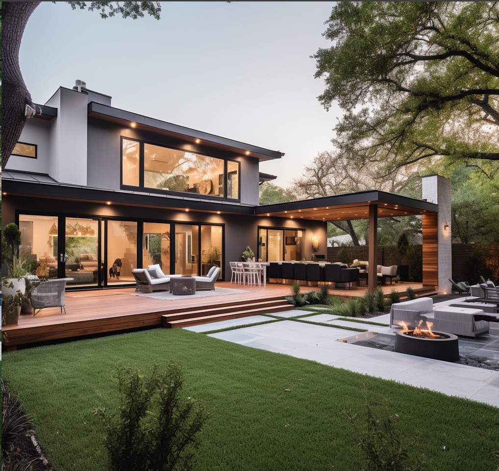 Modern house exterior with deck and outdoor fireplace. Pest Free.