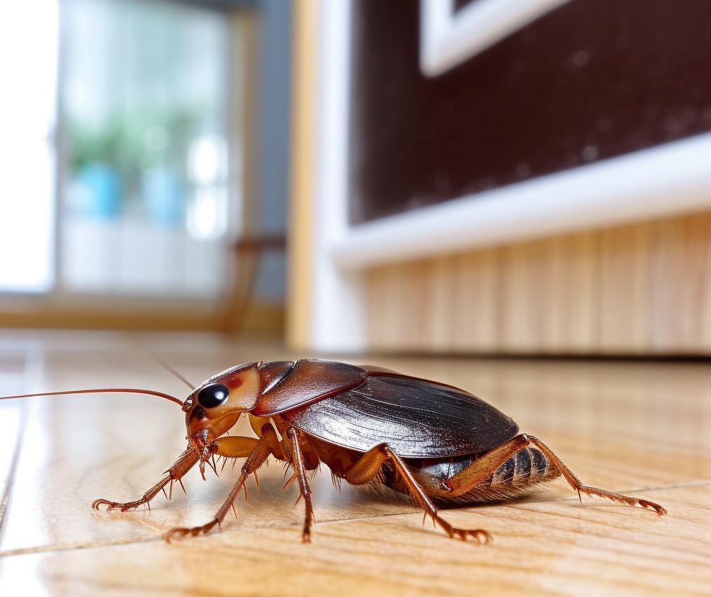 Close-up of a cockroach on a wooden floor.